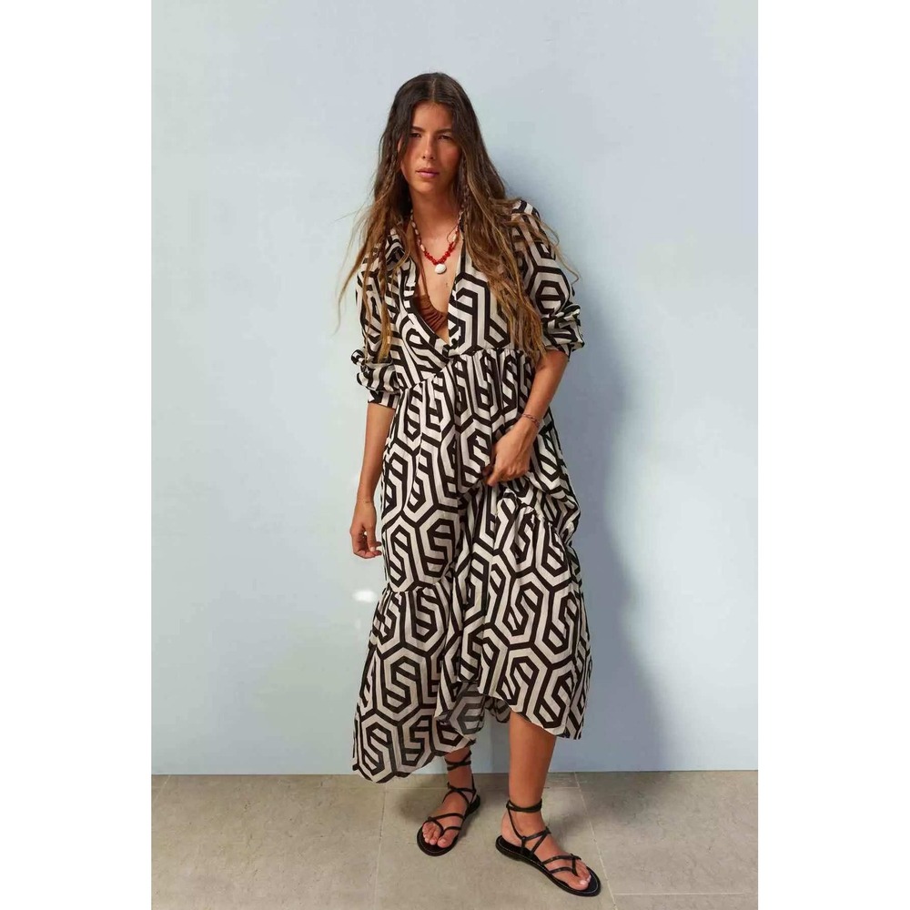 Zara Shirt Dress XL Black White Geometric Maze Tiered Cotton Maxi Flowy Artsy
